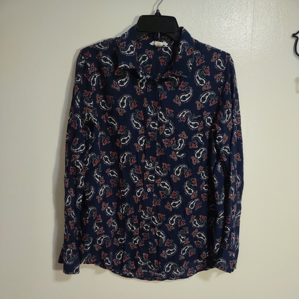 Artisan NY Women's Sz L Navy Blue Paisley Print Button Down